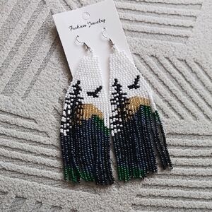 Handmade Beaded Fringe Earrings with Mountain Design - White, Black, Gold, Green